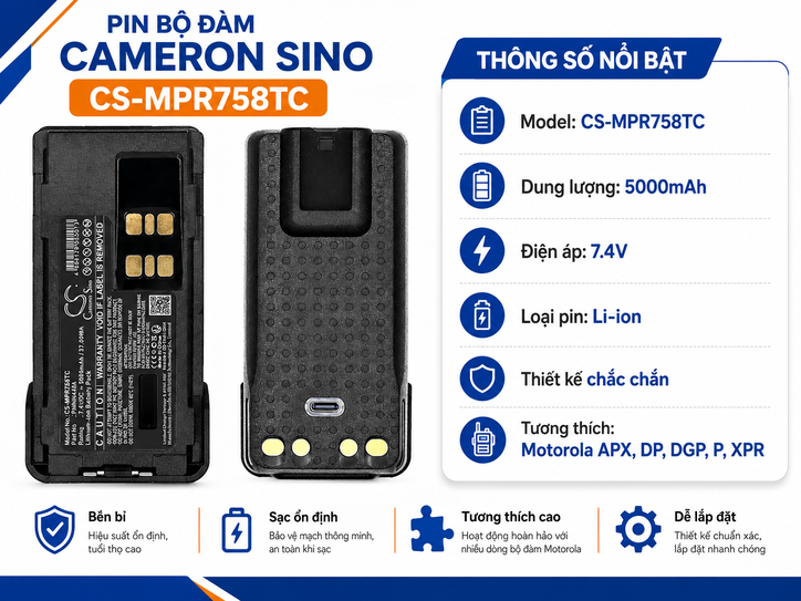 Pin Bộ Đàm Cameron Sino CS-MPR758TC 7.4V 5000mAh Cho Motorola APX, DP, DGP, P Và XPR