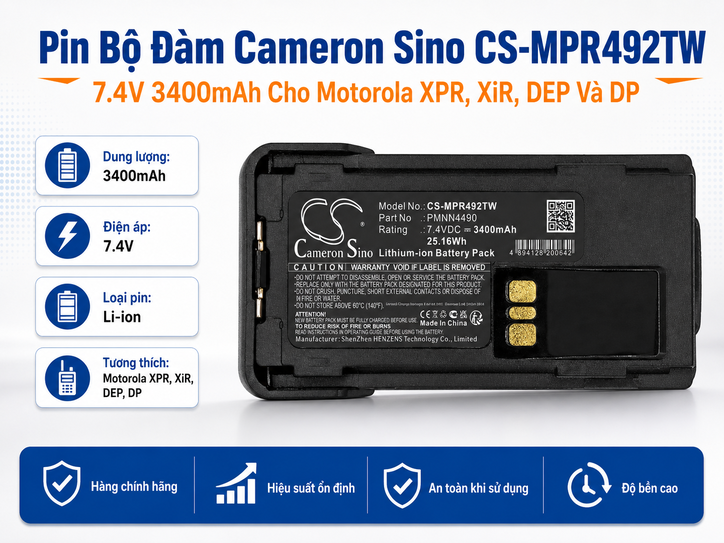 Pin Bộ Đàm Cameron Sino CS-MPR492TW 7.4V 3400mAh Cho Motorola XPR, XiR, DEP Và DP
