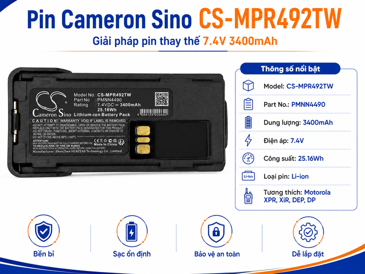Pin Bộ Đàm Cameron Sino CS-MPR492TW 7.4V 3400mAh Cho Motorola XPR, XiR, DEP Và DP