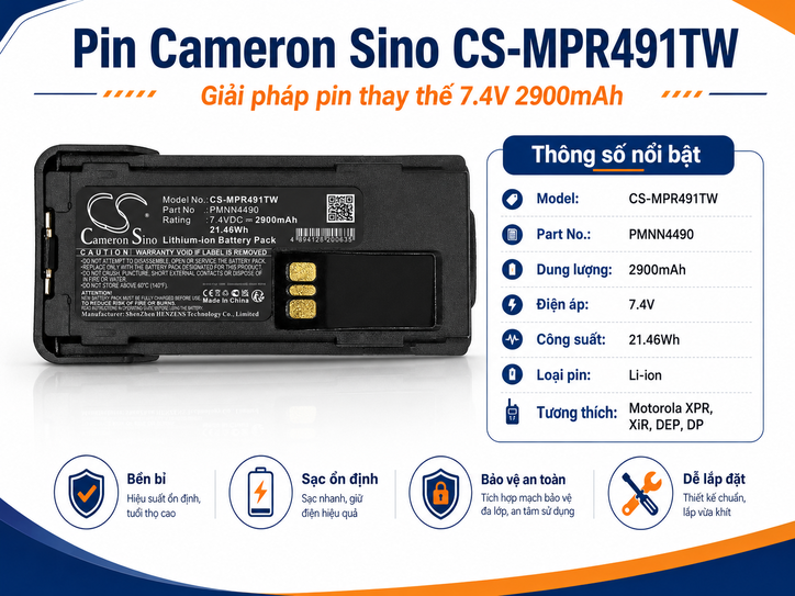Pin Bộ Đàm Cameron Sino CS-MPR491TW 7.4V 2900mAh Cho Motorola XPR, XiR, DEP Và DP