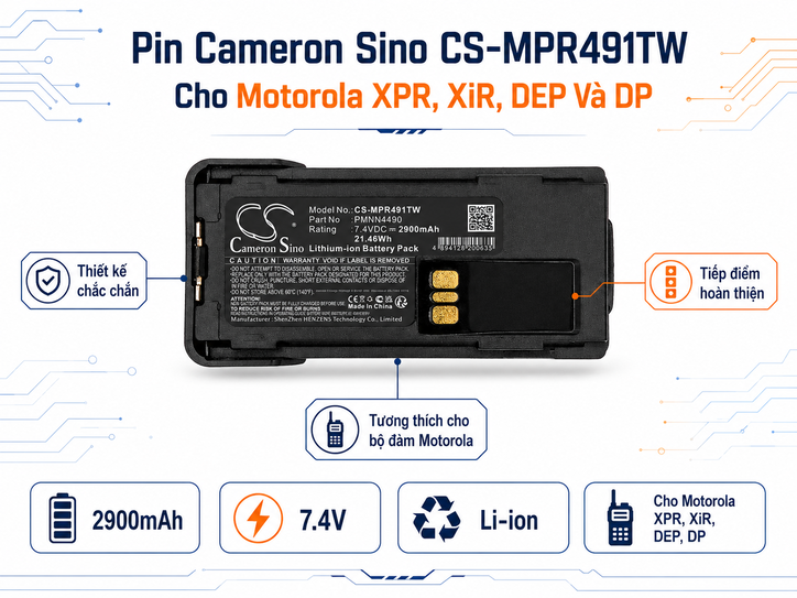 Pin Bộ Đàm Cameron Sino CS-MPR491TW 7.4V 2900mAh Cho Motorola XPR, XiR, DEP Và DP