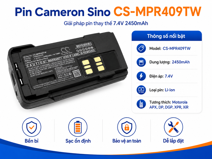 Pin Bộ Đàm Cameron Sino CS-MPR409TW 7.4V 2450mAh Cho Motorola APX, DP, DGP, XPR Và XiRv