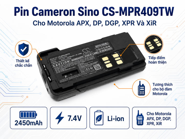 Pin Bộ Đàm Cameron Sino CS-MPR409TW 7.4V 2450mAh Cho Motorola APX, DP, DGP, XPR Và XiR
