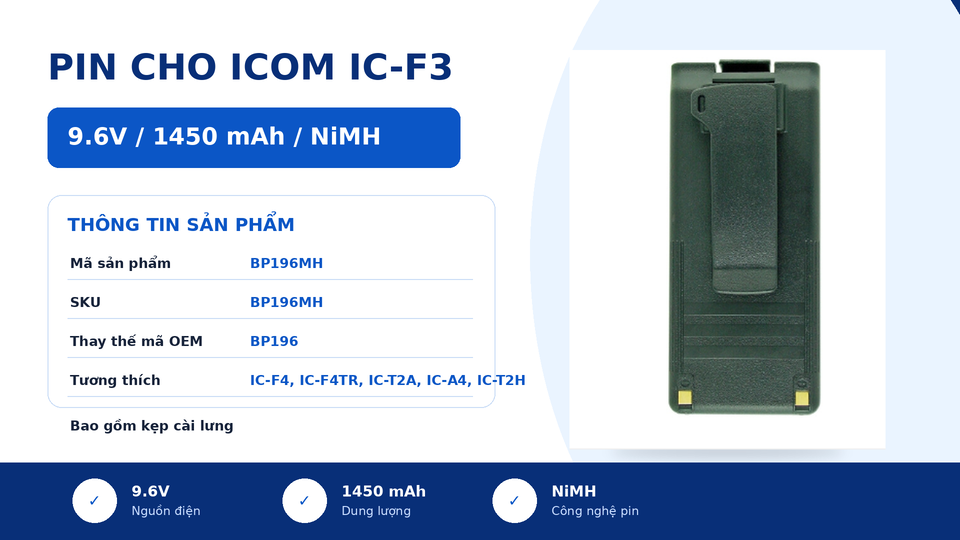 Pin bộ đàm Icom IC-F3 BP196MH