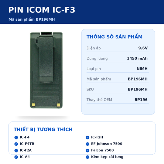 Pin bộ đàm Icom IC-F3 BP196MH
