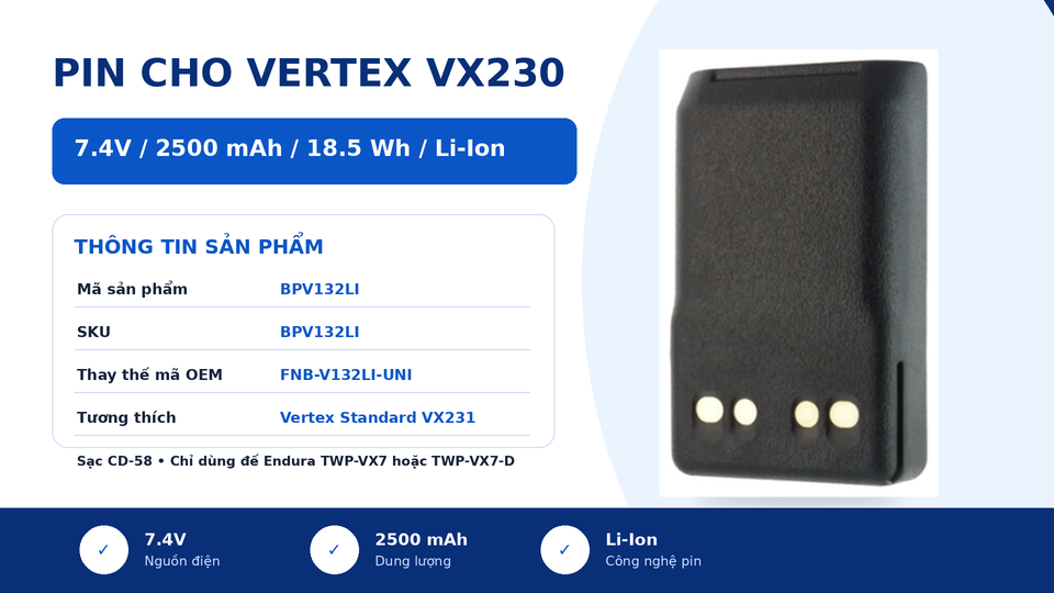Pin bộ đàm Vertex VX230 BPV132LI
